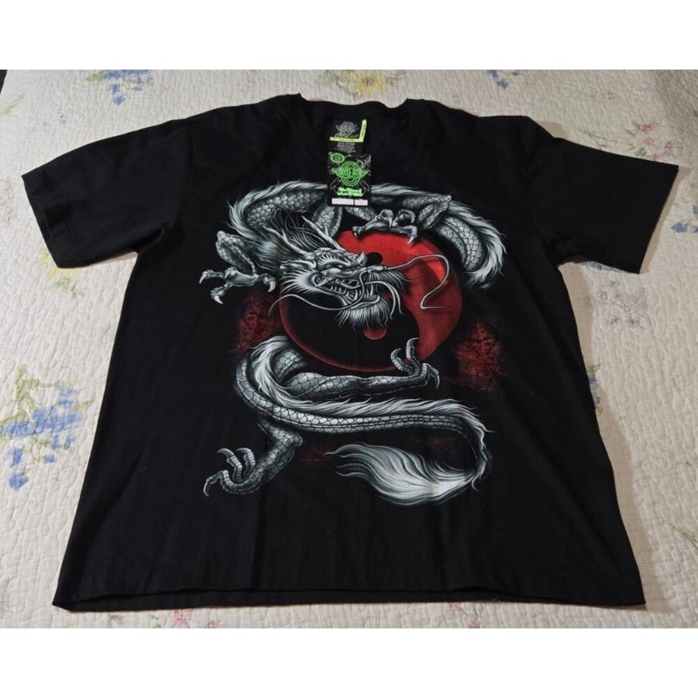 VTG NOS Rock Eagle Glow In The Dark Ying Yang Dragon Single Stitch AOP T-Shirt